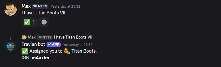 A user writes I have Titan Boots and the bot confirms the artefact assignment.